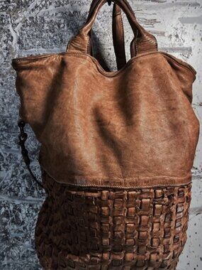 $299 LANGELLOTTI ITALIAN DISTRESSED LEATHER WOVEN CONVERTIBLE BACKPACK 3 WAY BAG